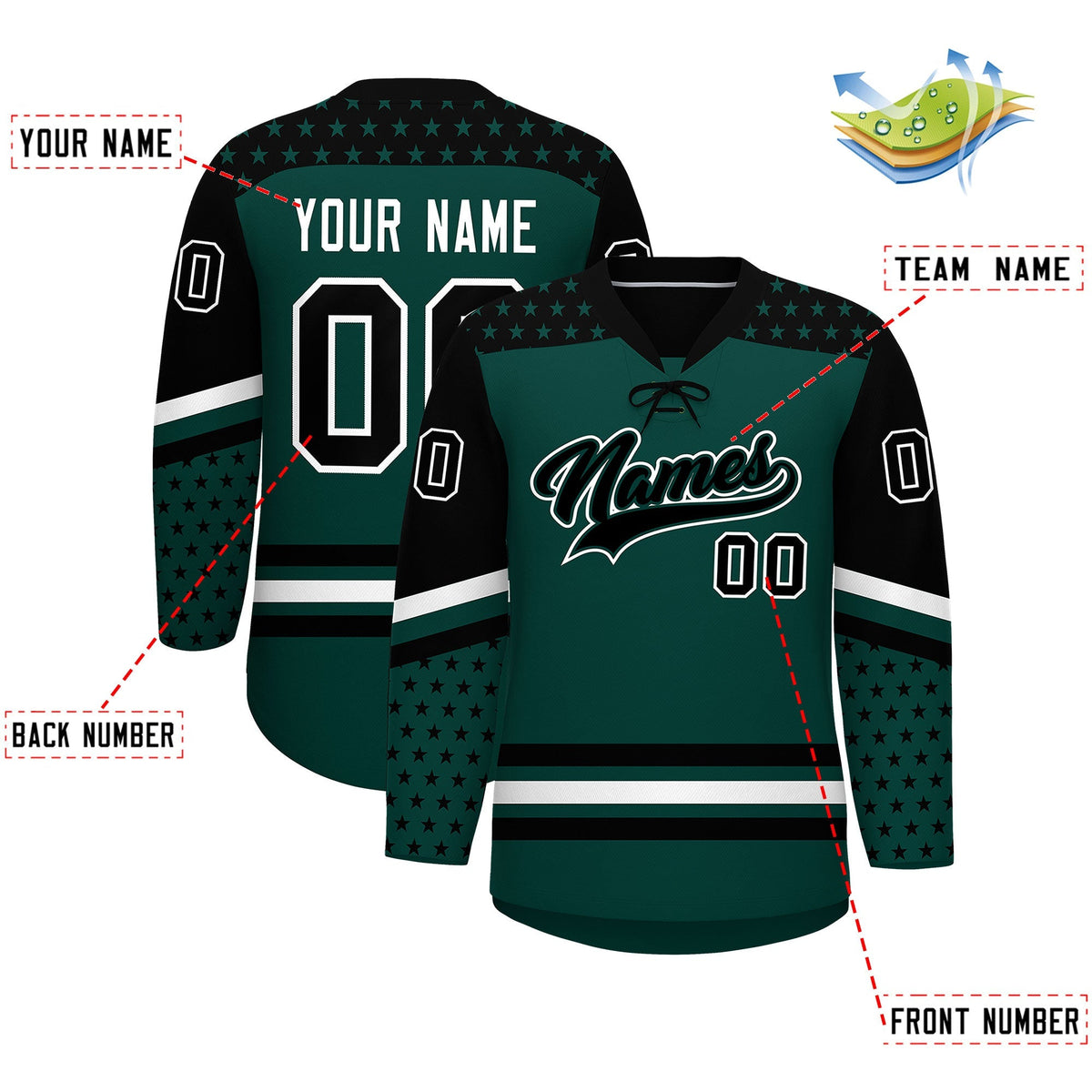 Custom Midnight Green Black White Star Series Personalization Lace-Up Neck Hockey Jersey| KXKSHOP