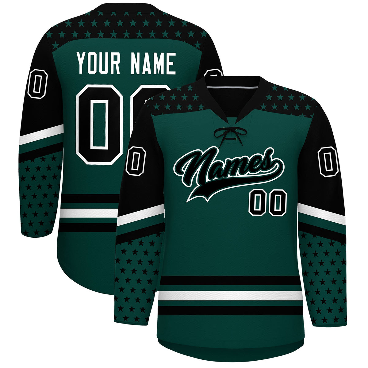Custom Midnight Green Black White Star Series Personalization Lace-Up Neck Hockey Jersey| KXKSHOP