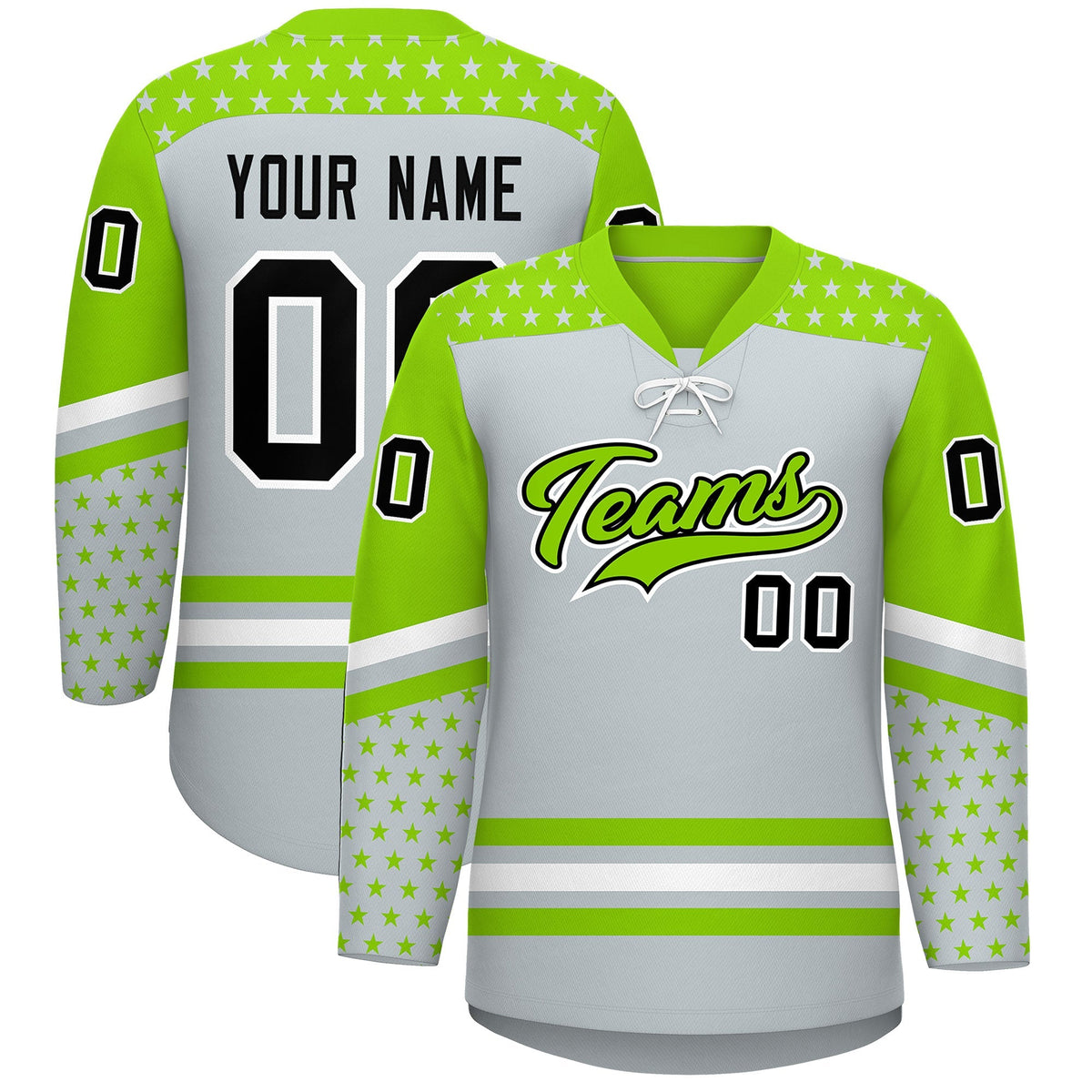 Custom Silver Neon Green White Star Series Personalization Lace-Up Neck Hockey Jersey| KXKSHOP