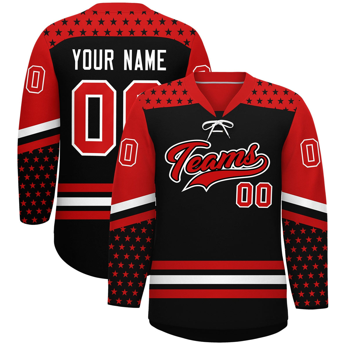 Custom Black Red White Star Series Personalization Lace-Up Neck Hockey Jersey| KXKSHOP