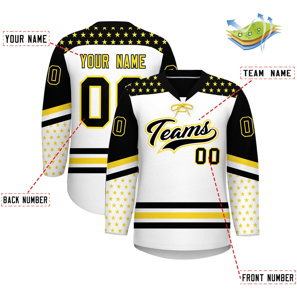 Custom White Black Gold Star Series Personalization Lace-Up Neck Hockey Jersey| KXKSHOP
