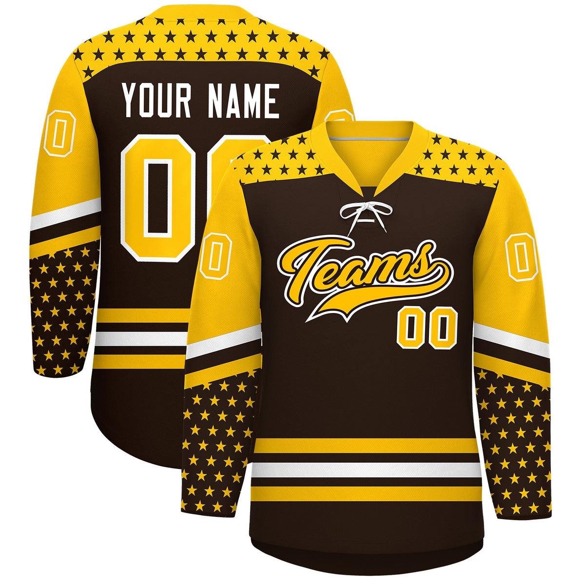 Custom Brown Gold White Star Series Personalization Lace-Up Neck Hockey Jersey| KXKSHOP