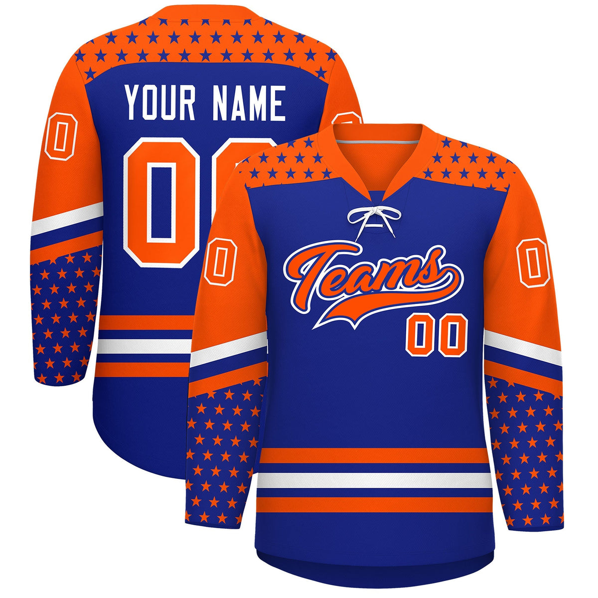Custom Royal Blue Orange White Star Series Personalization Lace-Up Neck Hockey Jersey| KXKSHOP