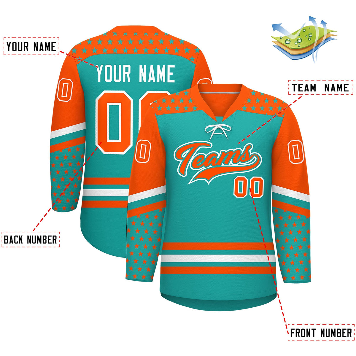 Custom Aqua Orange White Star Series Personalization Lace-Up Neck Hockey Jersey| KXKSHOP