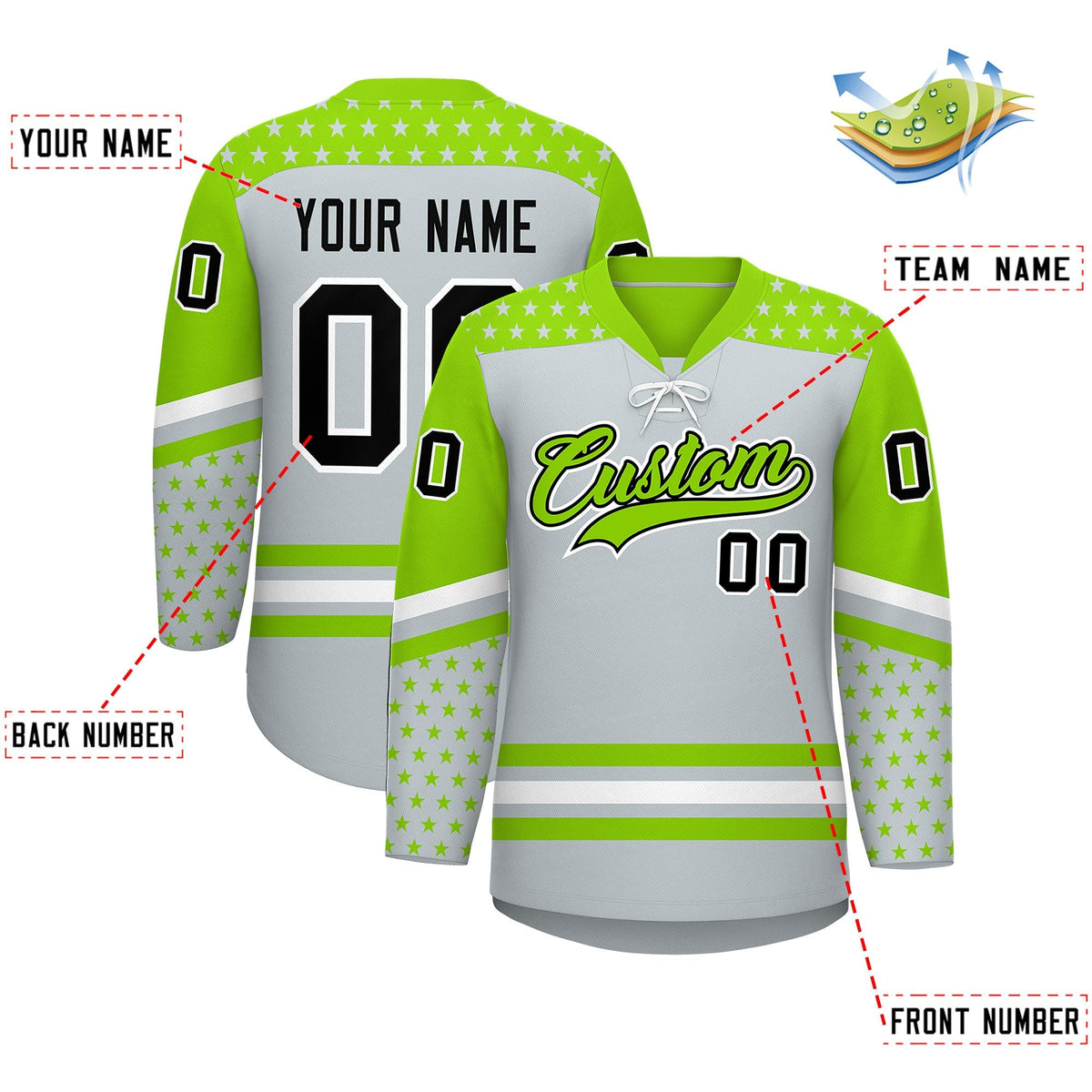 Custom Silver Neon Green White Star Series Personalization Lace-Up Neck Hockey Jersey| KXKSHOP