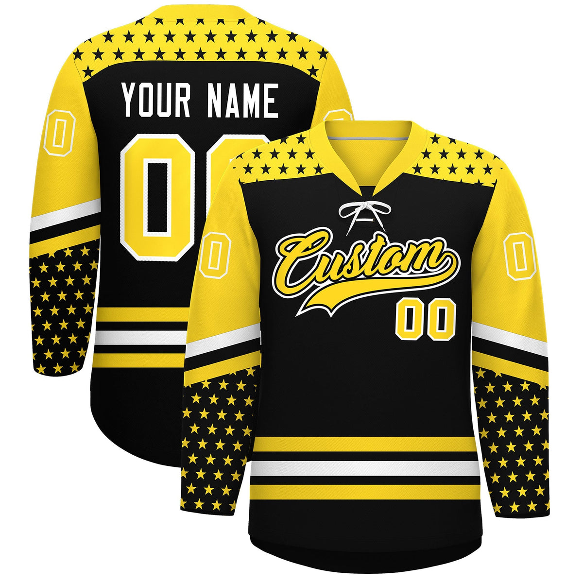 Custom Black Gold White Star Series Personalization Lace-Up Neck Hockey Jersey| KXKSHOP