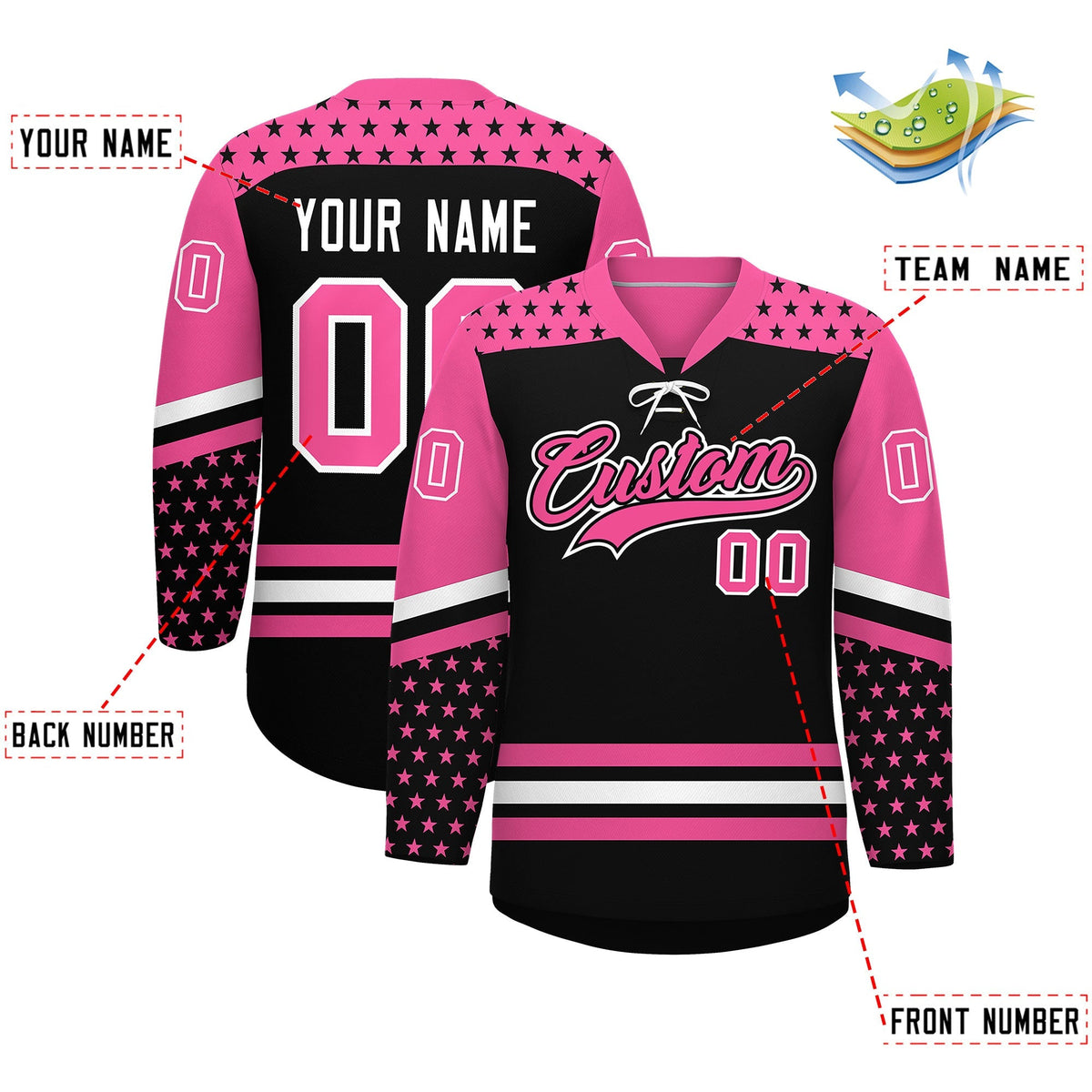 Custom Black Pink White Star Series Personalization Lace-Up Neck Hockey Jersey| KXKSHOP