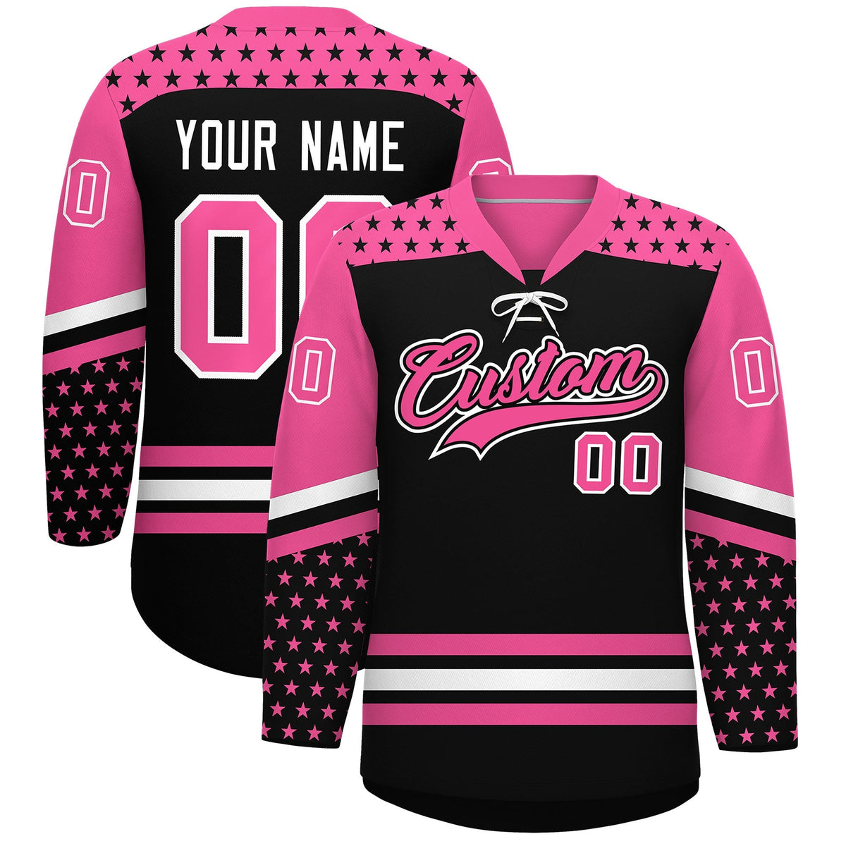 Custom Black Pink White Star Series Personalization Lace-Up Neck Hockey Jersey| KXKSHOP