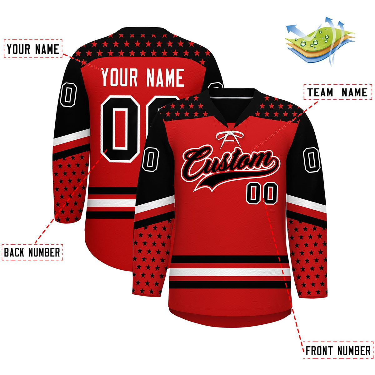 Custom Red Black White Star Series Personalization Lace-Up Neck Hockey Jersey| KXKSHOP