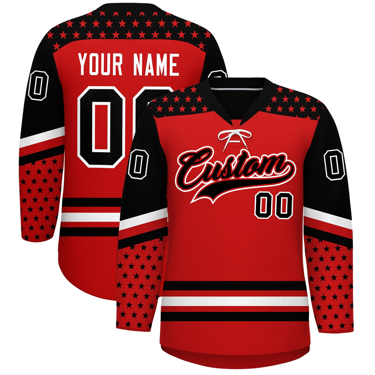 Custom Red Black White Star Series Personalization Lace-Up Neck Hockey Jersey| KXKSHOP