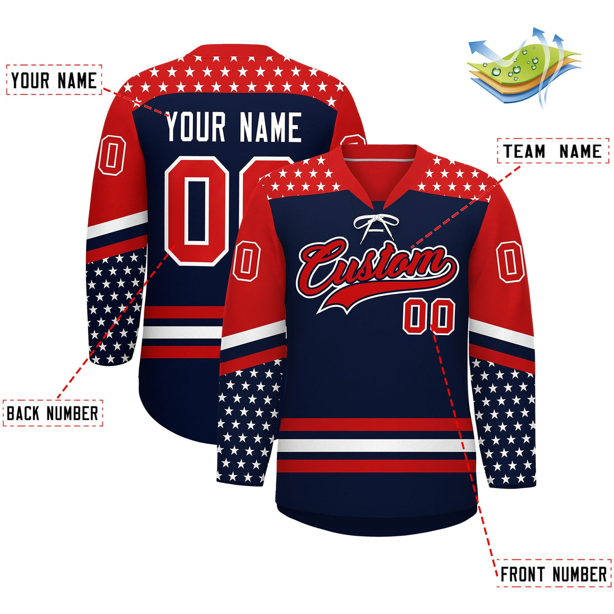 Custom Navy Red White Star Series Personalization Lace-Up Neck Hockey Jersey| KXKSHOP
