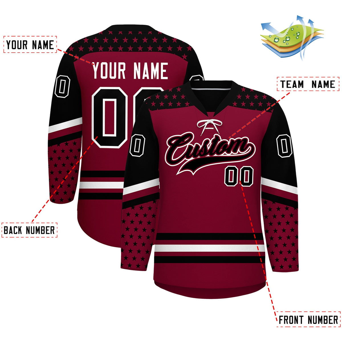 Custom Crimson Black White Star Series Personalization Lace-Up Neck Hockey Jersey| KXKSHOP