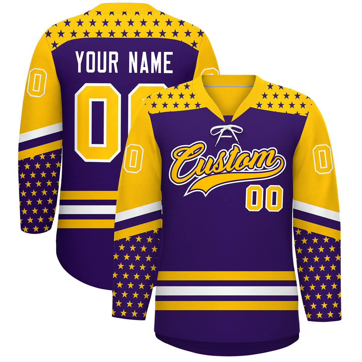 Custom Purple Gold White Star Series Personalization Lace-Up Neck Hockey Jersey| KXKSHOP