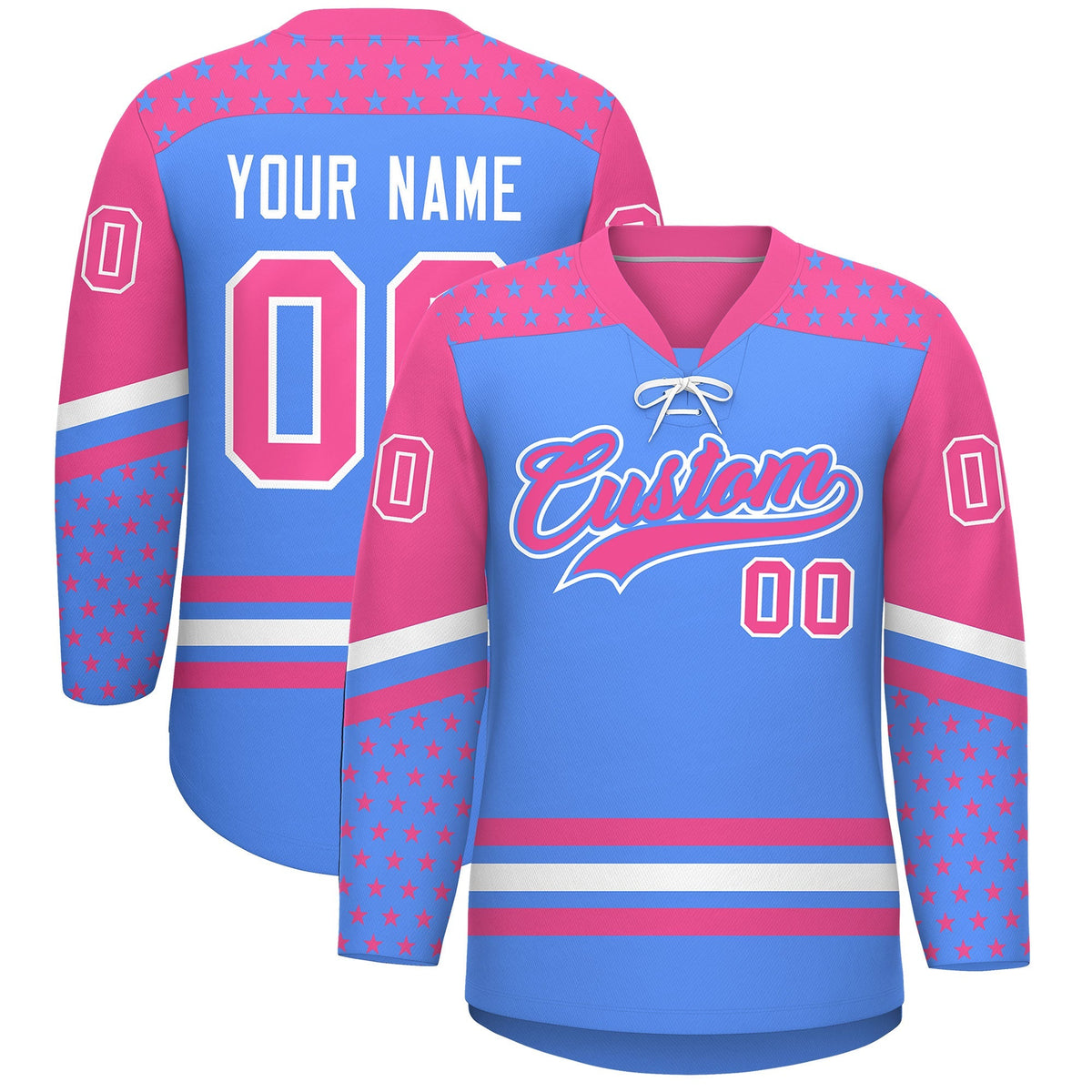 Custom Powder Blue Pink White Star Series Personalization Lace-Up Neck Hockey Jersey| KXKSHOP
