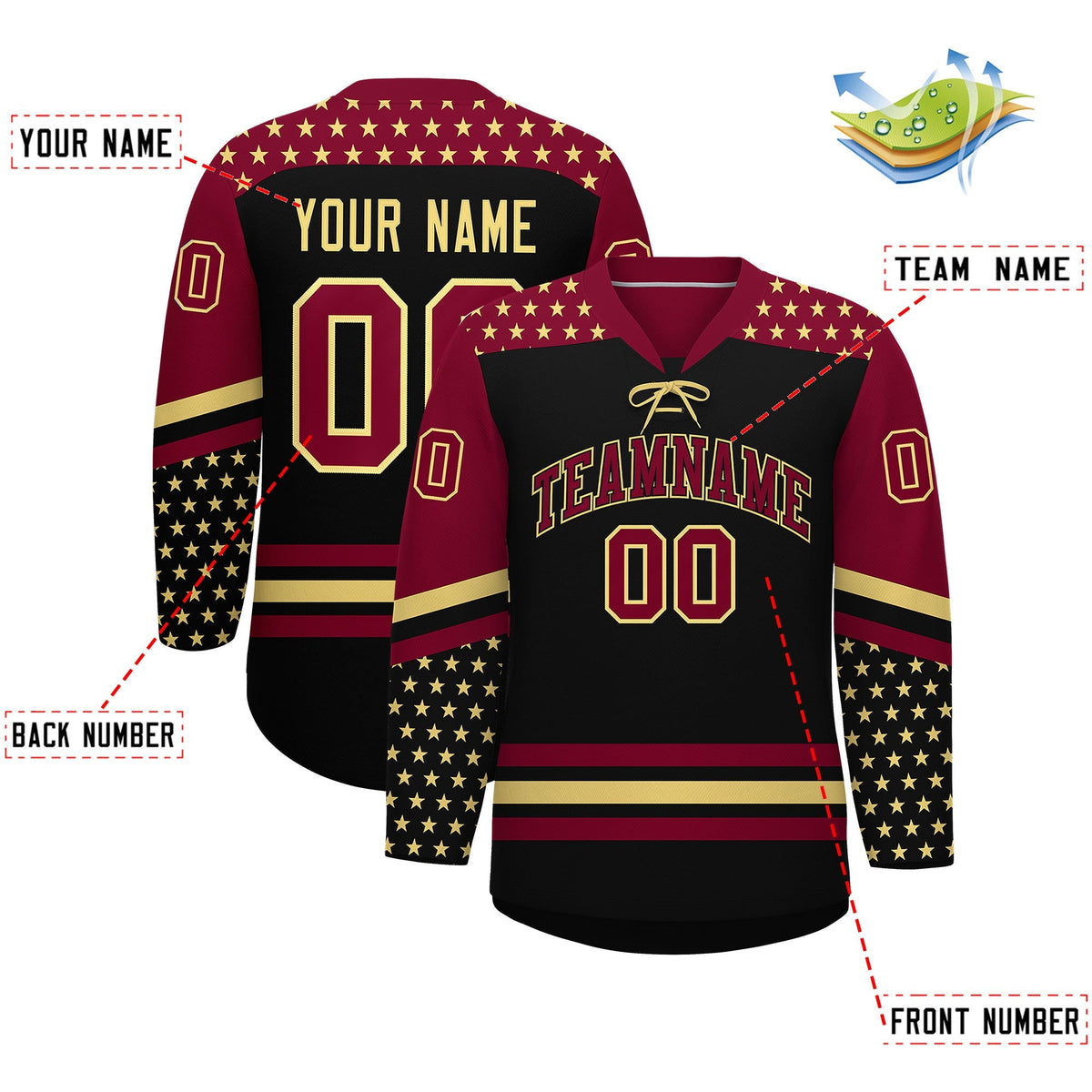 Custom Black Crimson Khaki Star Series Personalization Lace-Up Neck Hockey Jersey| KXKSHOP