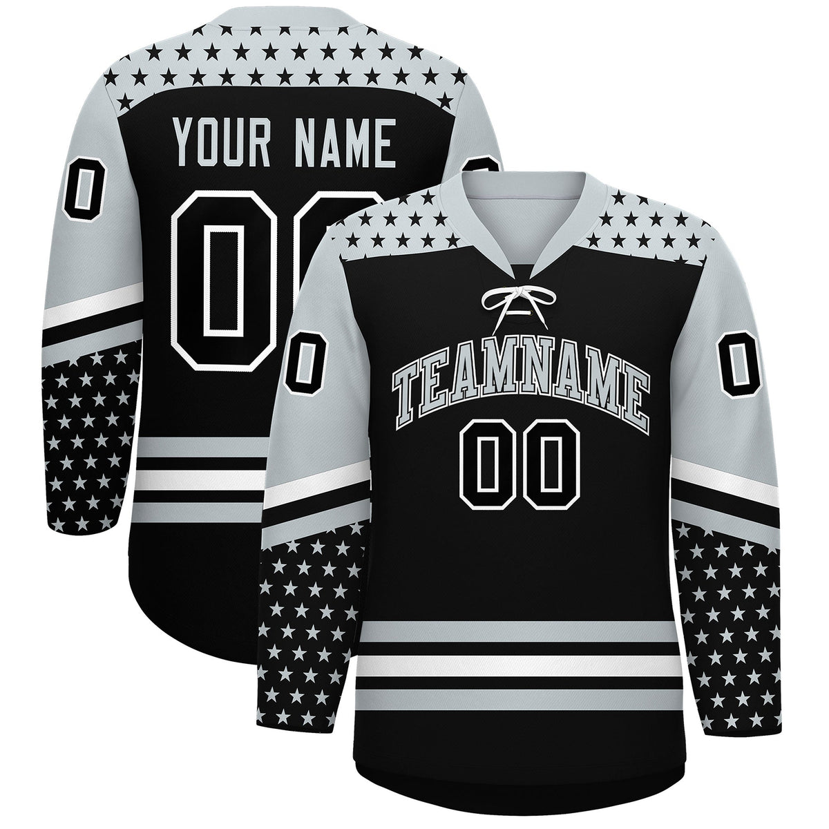 Custom Black Silver White Star Series Personalization Lace-Up Neck Hockey Jersey| KXKSHOP
