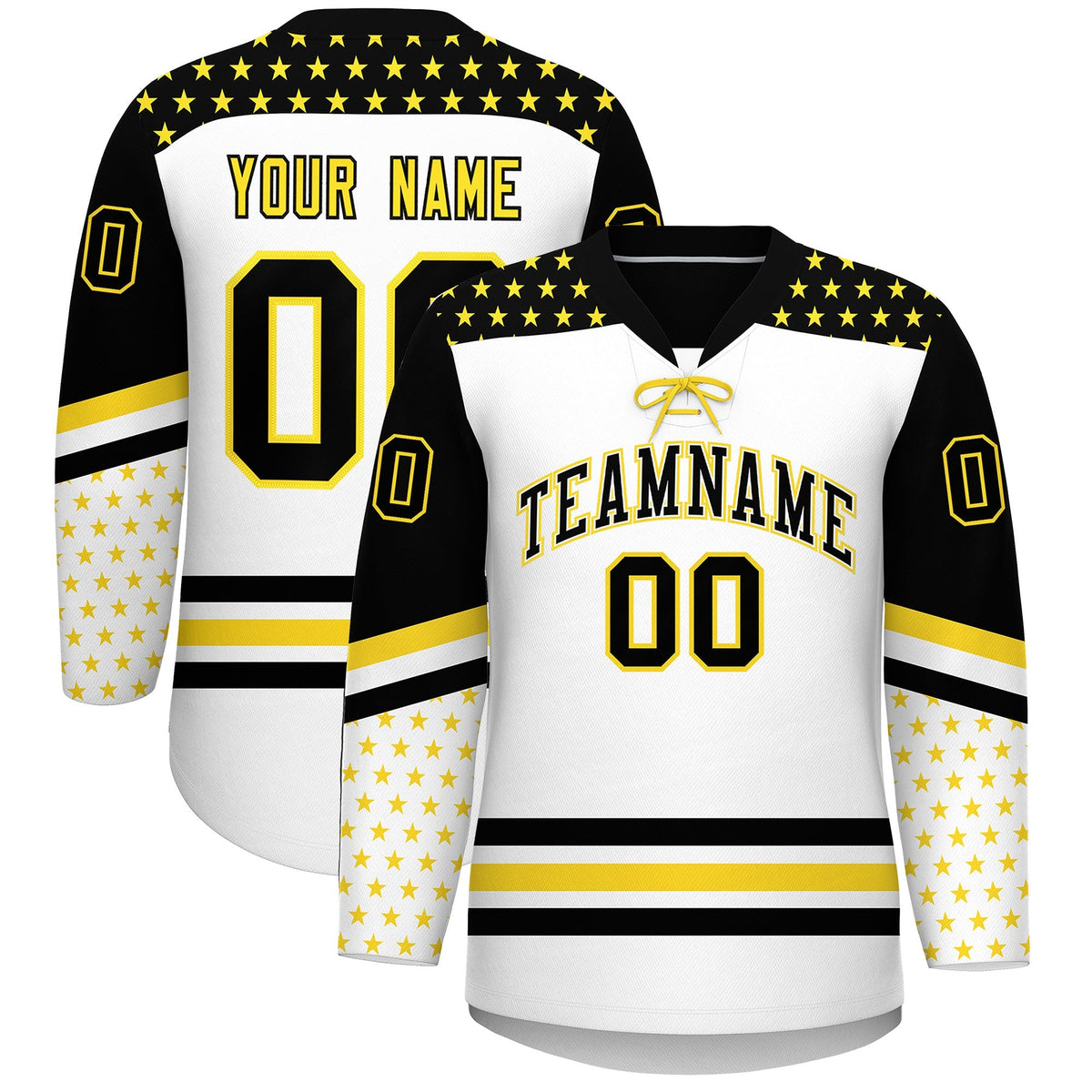 Custom White Black Gold Star Series Personalization Lace-Up Neck Hockey Jersey| KXKSHOP