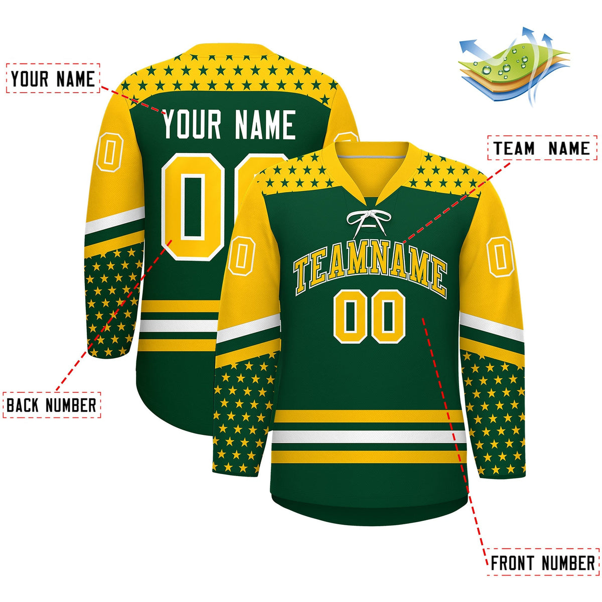 Custom Green Gold White Star Series Personalization Lace-Up Neck Hockey Jersey| KXKSHOP