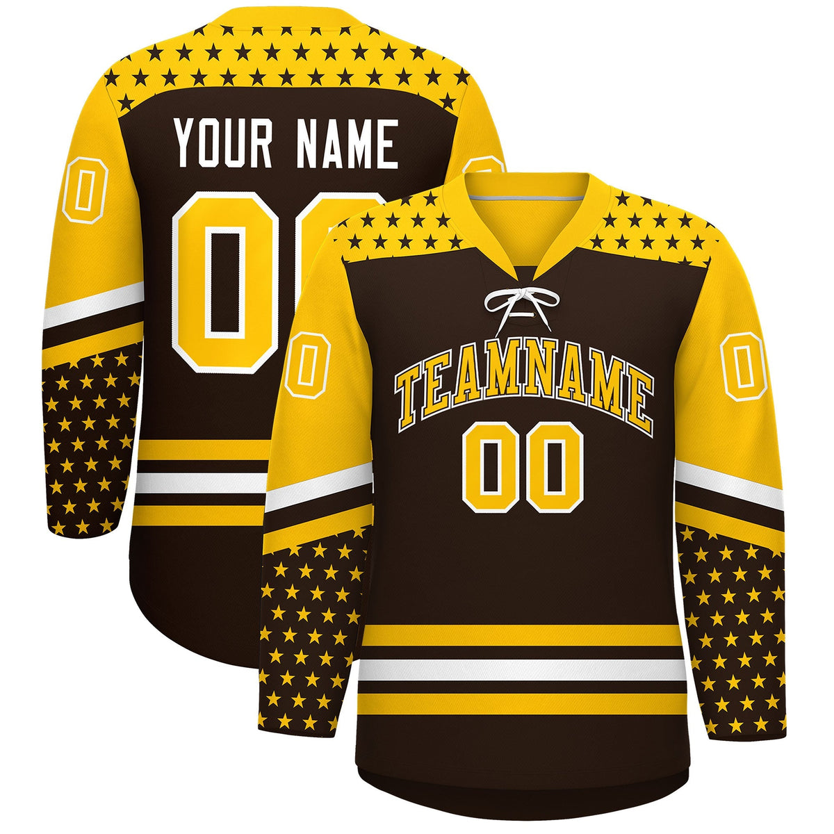 Custom Brown Gold White Star Series Personalization Lace-Up Neck Hockey Jersey| KXKSHOP
