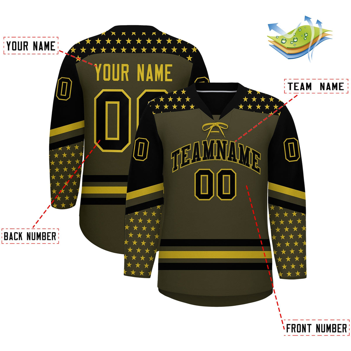 Custom Olive Black Old Gold Star Series Personalization Lace-Up Neck Hockey Jersey| KXKSHOP