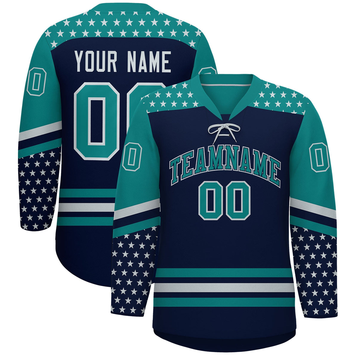Custom Navy Teal Silver Star Series Personalization Lace-Up Neck Hockey Jersey| KXKSHOP