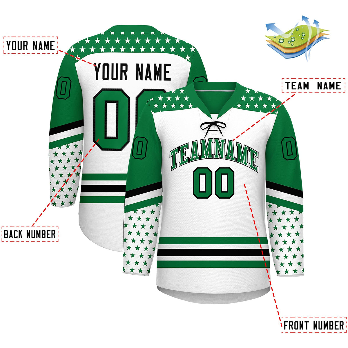 Custom White Kelly Green Black Star Series Personalization Lace-Up Neck Hockey Jersey| KXKSHOP