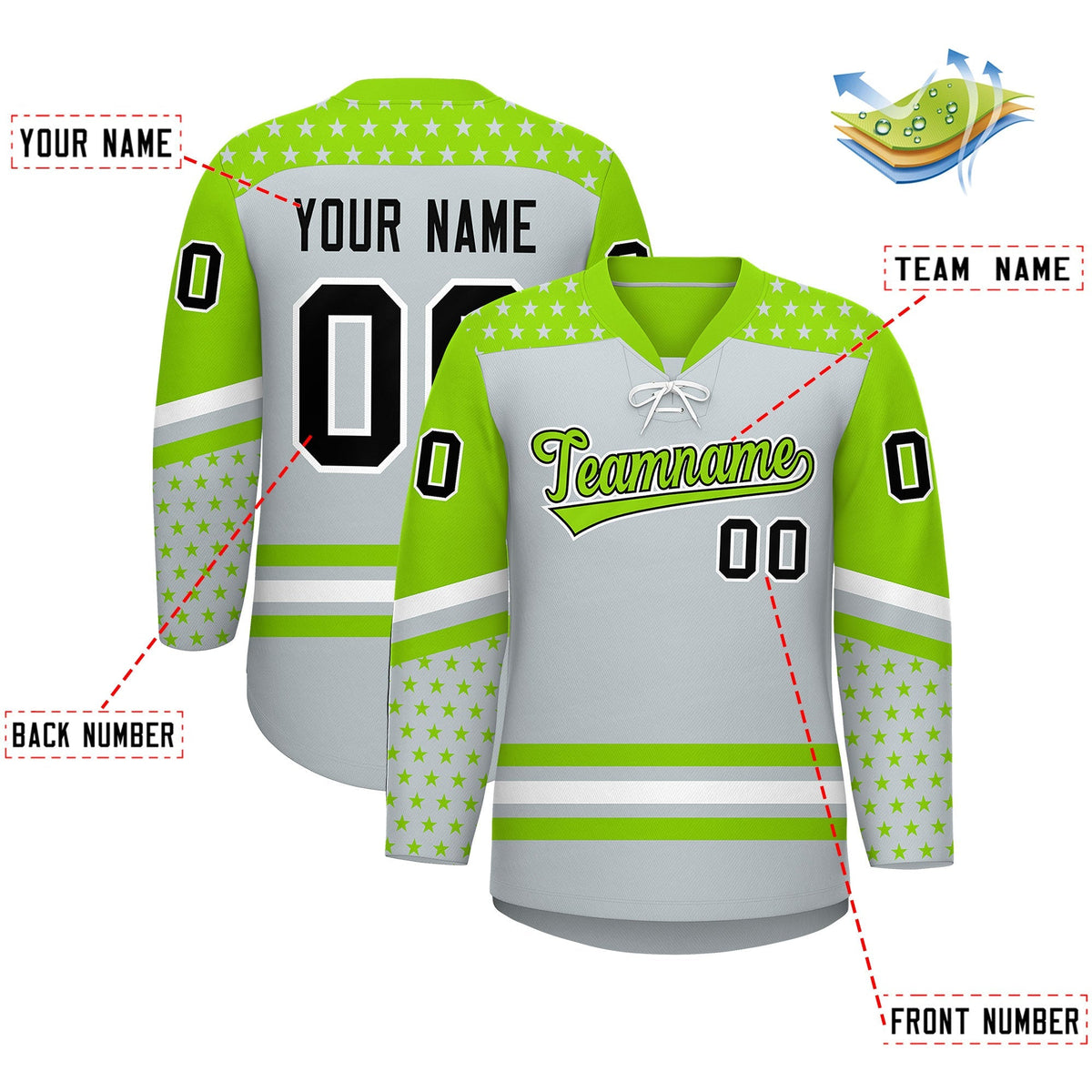 Custom Silver Neon Green White Star Series Personalization Lace-Up Neck Hockey Jersey| KXKSHOP