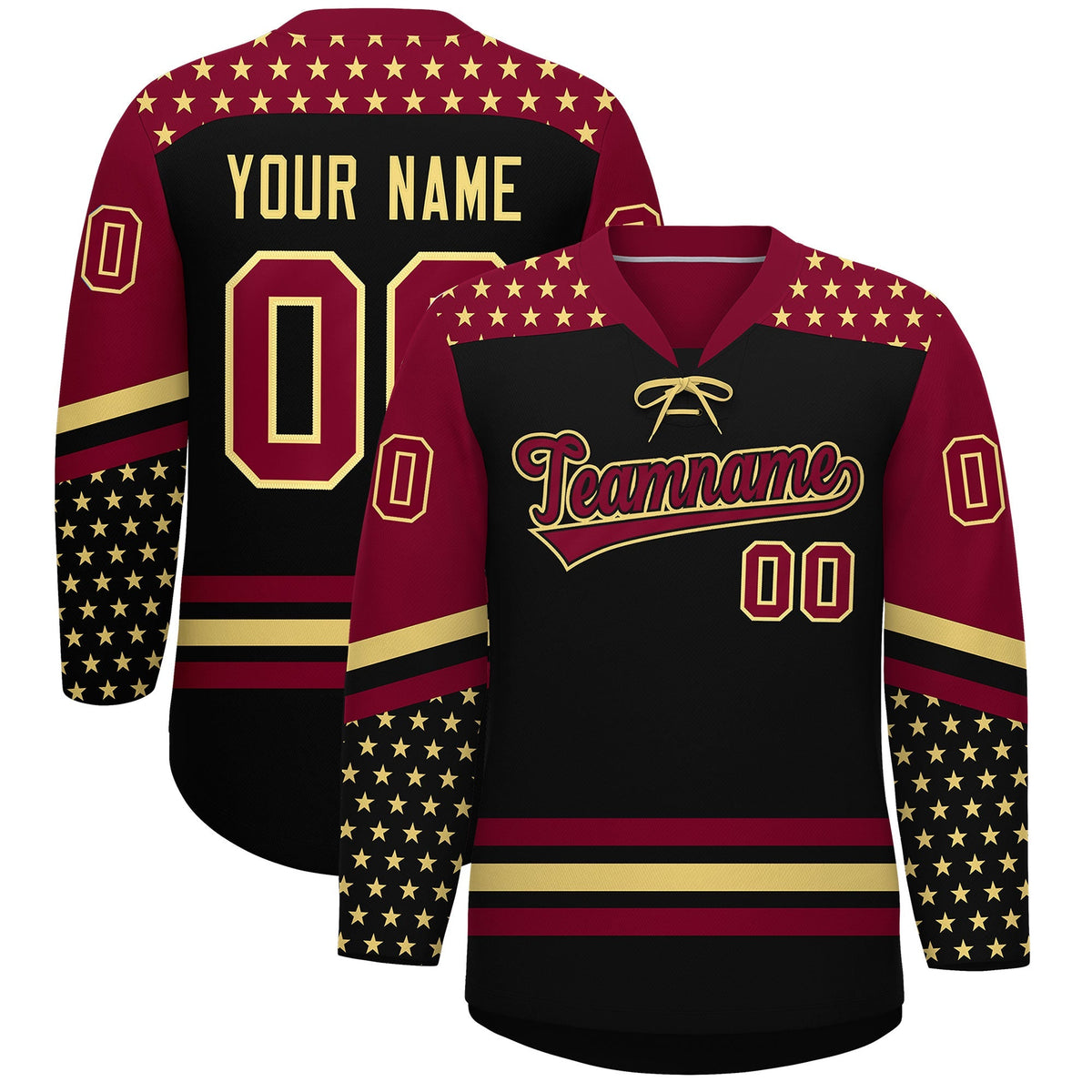 Custom Black Crimson Khaki Star Series Personalization Lace-Up Neck Hockey Jersey| KXKSHOP