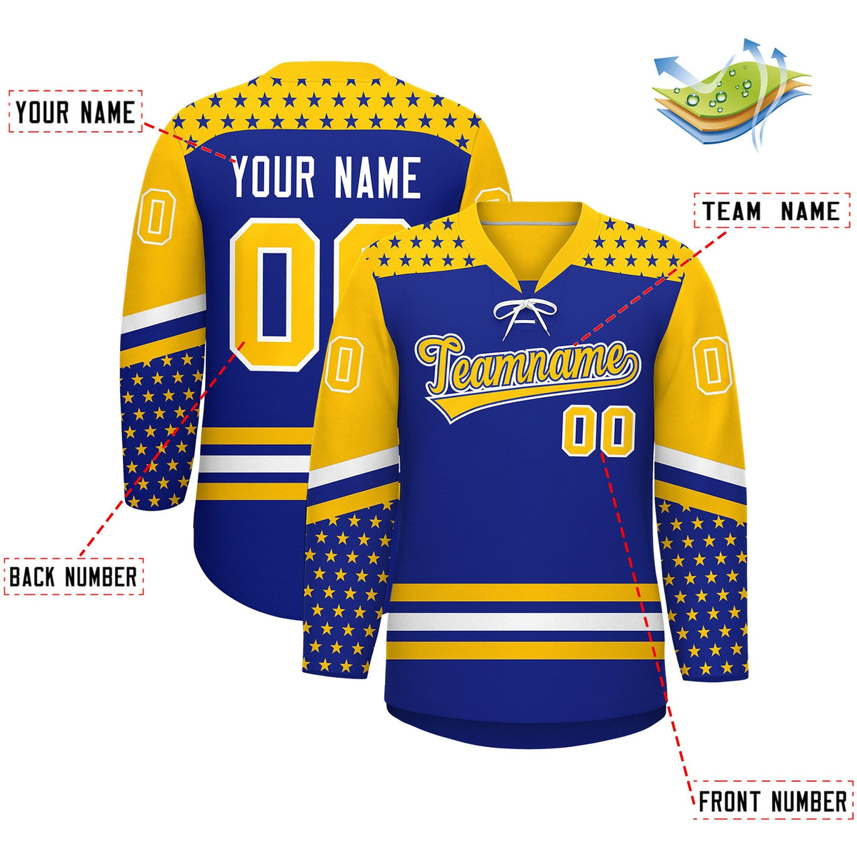 Custom Royal Blue Gold White Star Series Personalization Lace-Up Neck Hockey Jersey| KXKSHOP