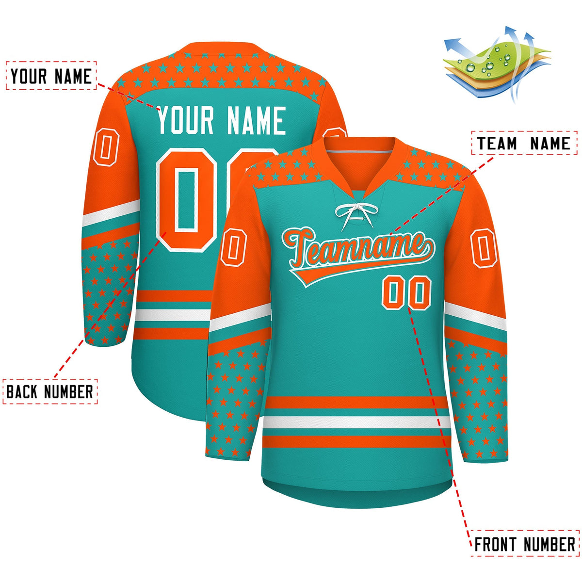 Custom Aqua Orange White Star Series Personalization Lace-Up Neck Hockey Jersey| KXKSHOP