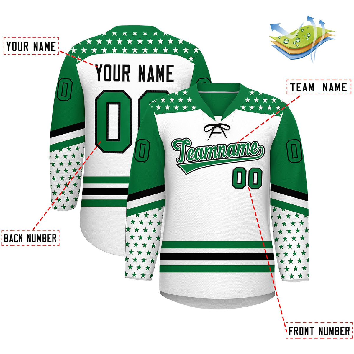 Custom White Kelly Green Black Star Series Personalization Lace-Up Neck Hockey Jersey| KXKSHOP
