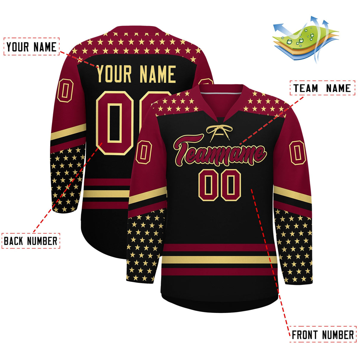 Custom Black Crimson Khaki Star Series Personalization Lace-Up Neck Hockey Jersey| KXKSHOP