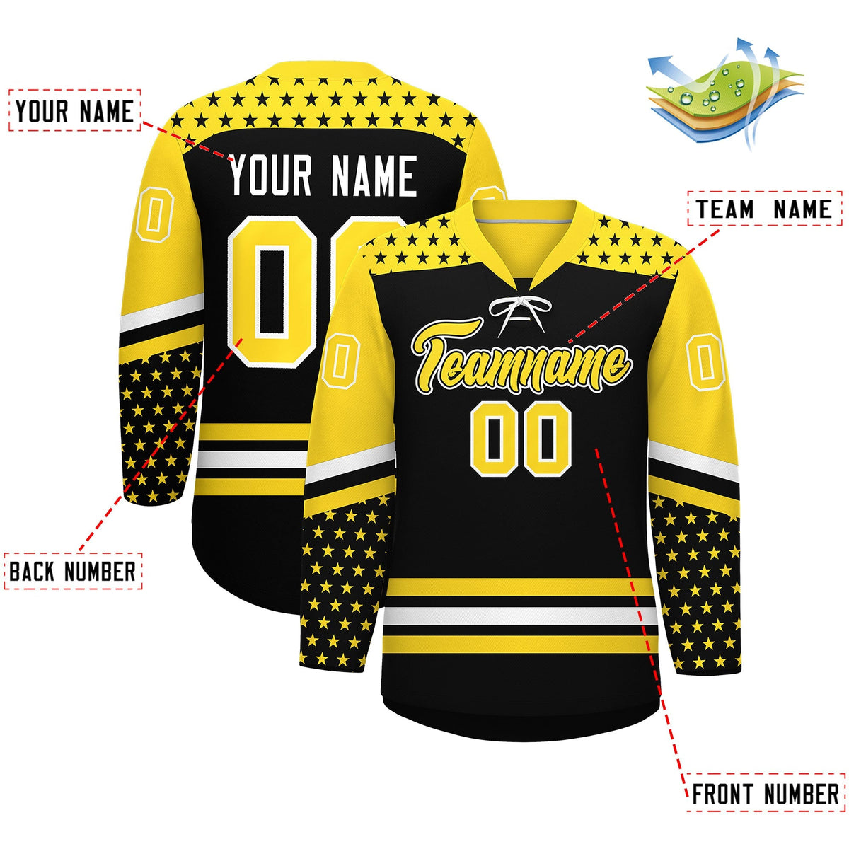 Custom Black Gold White Star Series Personalization Lace-Up Neck Hockey Jersey| KXKSHOP