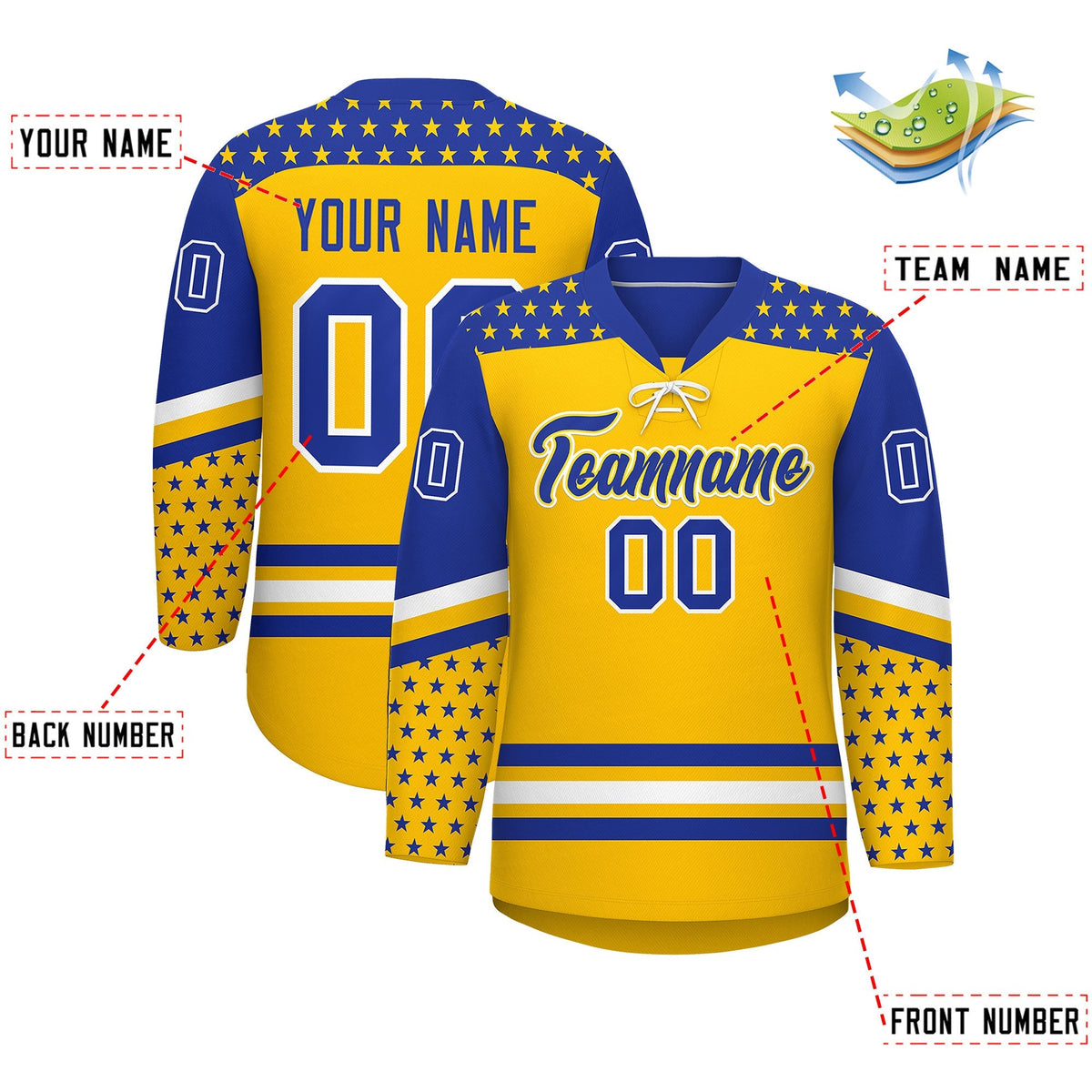 Custom Gold Royal Blue White Star Series Personalization Lace-Up Neck Hockey Jersey| KXKSHOP