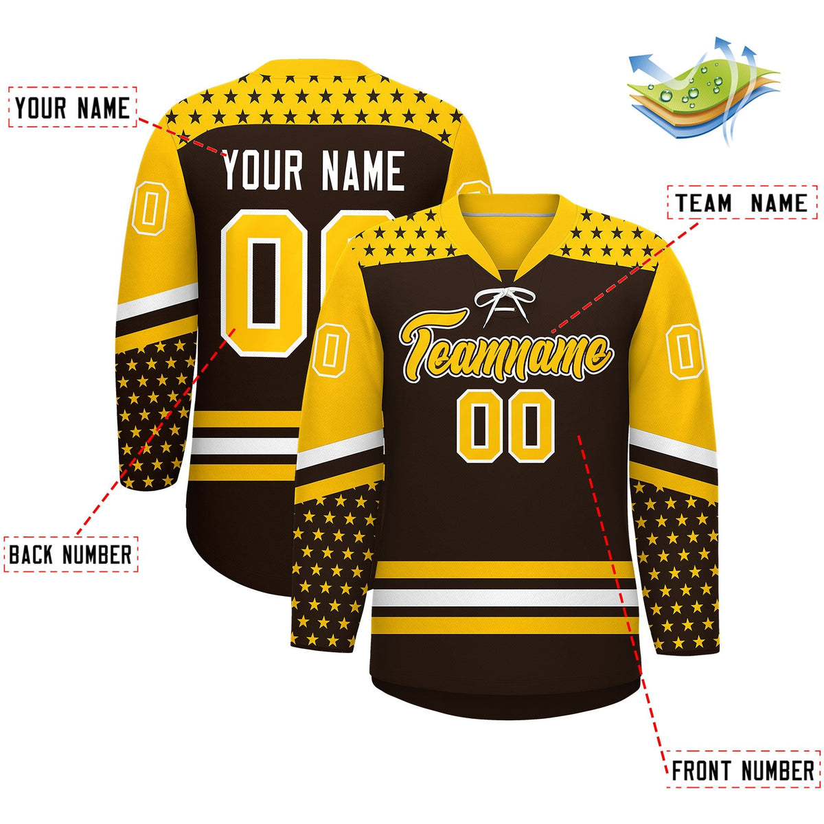 Custom Brown Gold White Star Series Personalization Lace-Up Neck Hockey Jersey| KXKSHOP
