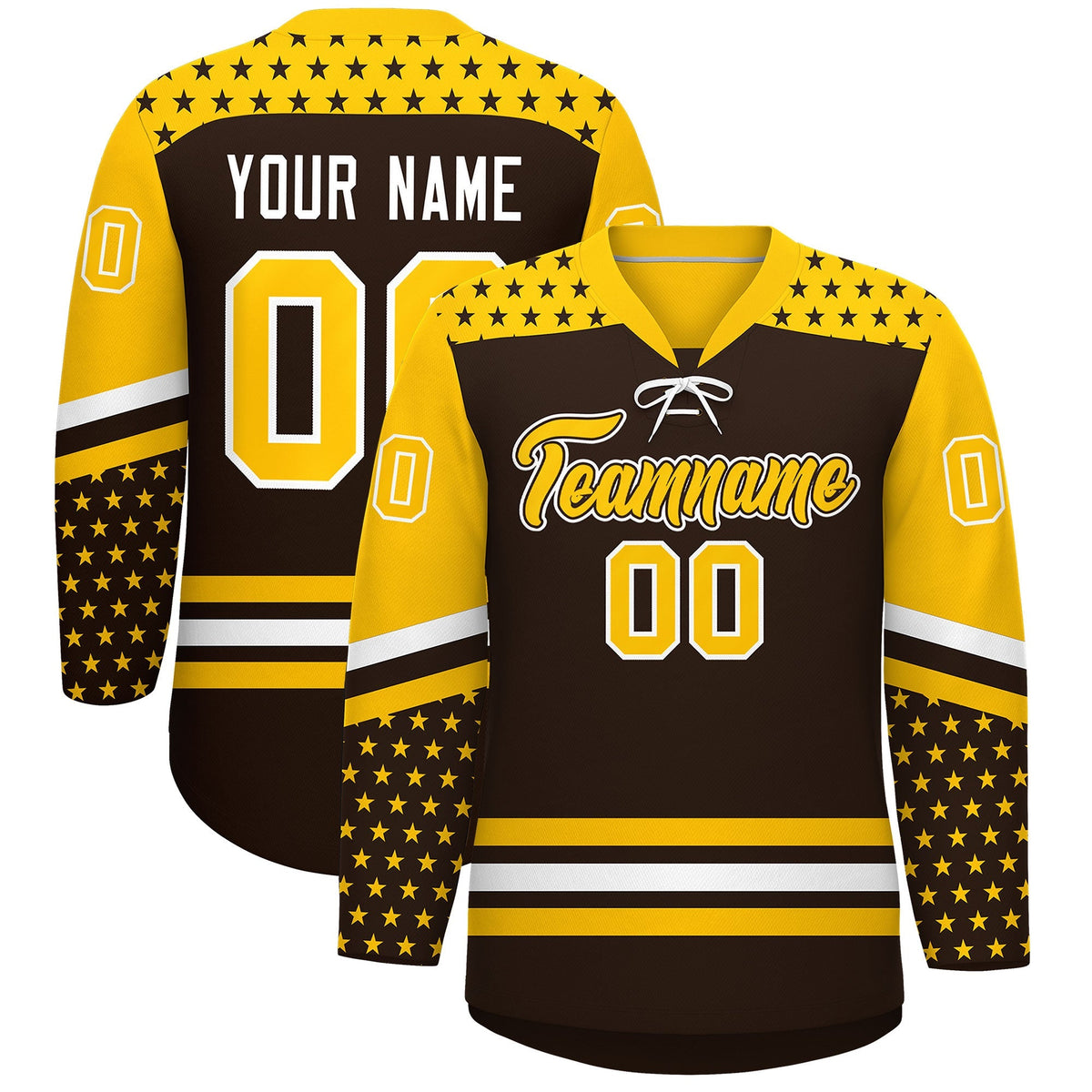 Custom Brown Gold White Star Series Personalization Lace-Up Neck Hockey Jersey| KXKSHOP