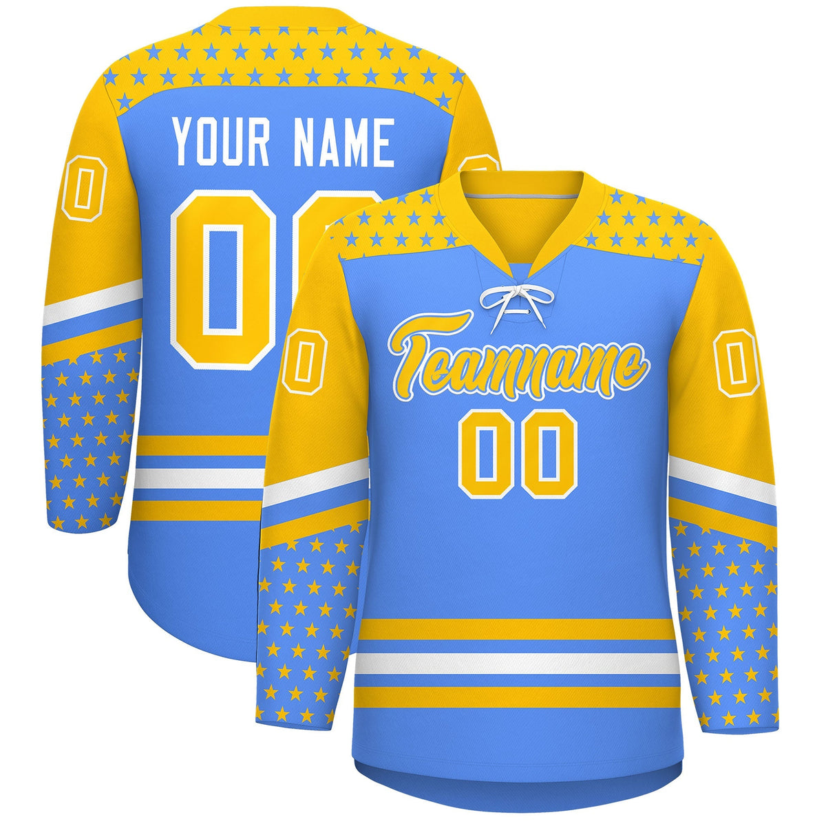 Custom Powder Blue Gold White Star Series Personalization Lace-Up Neck Hockey Jersey| KXKSHOP