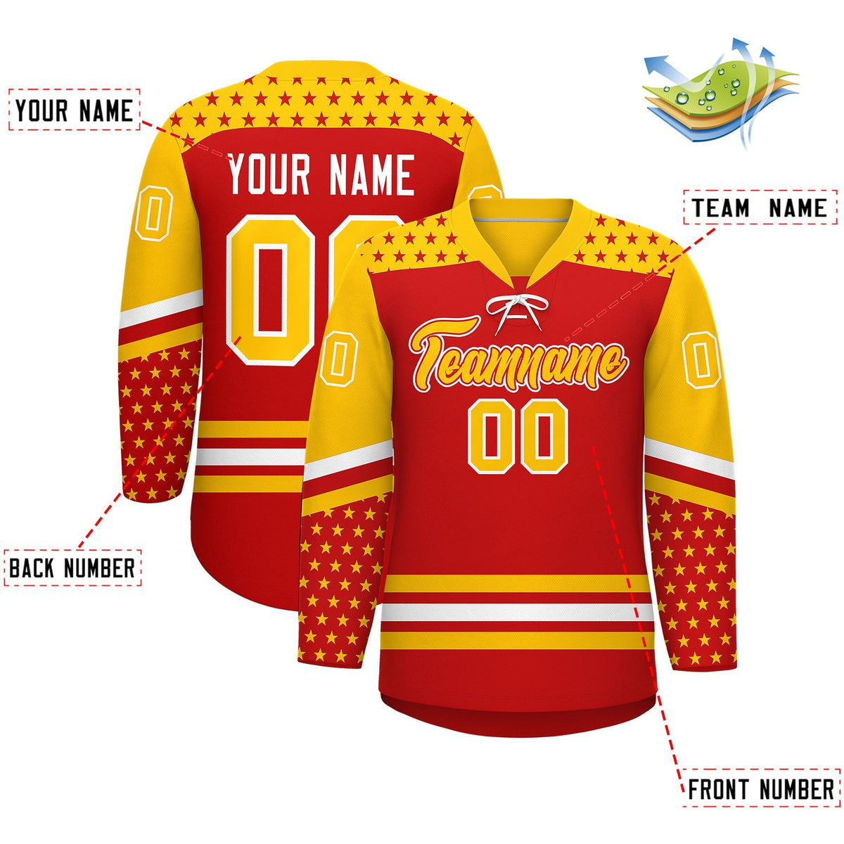 Custom Red Gold White Star Series Personalization Lace-Up Neck Hockey Jersey| KXKSHOP