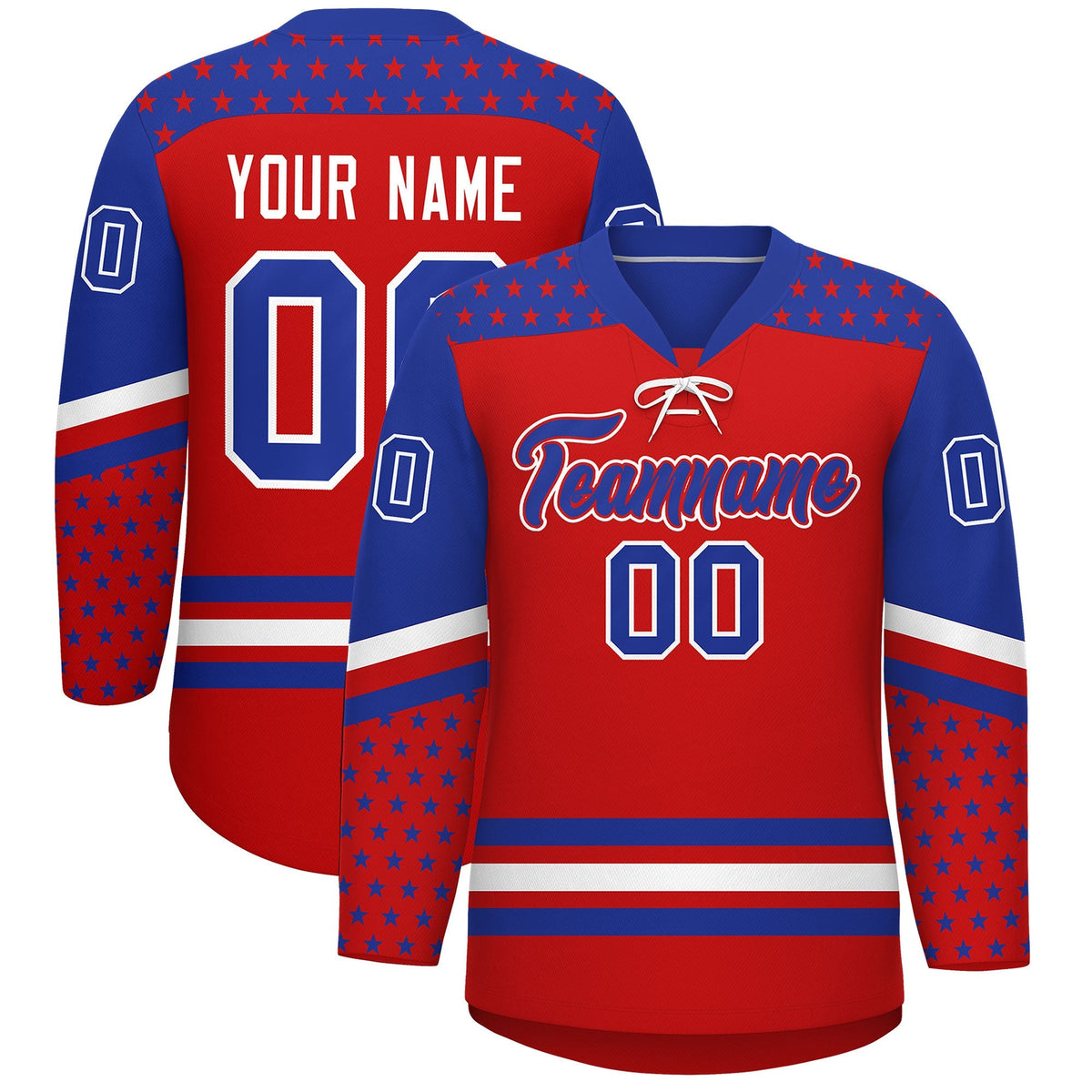 Custom Red Royal Blue White Star Series Personalization Lace-Up Neck Hockey Jersey| KXKSHOP