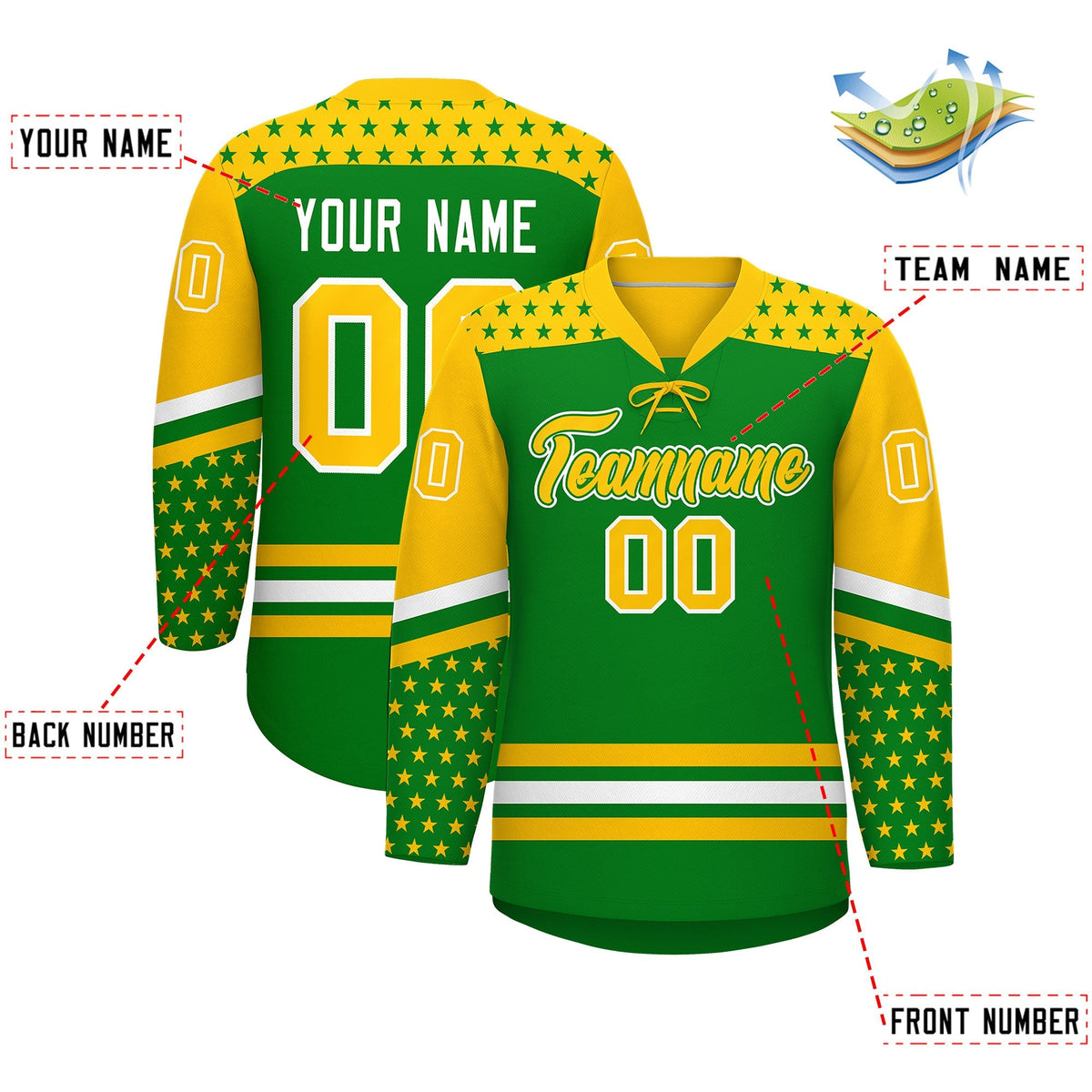 Custom Kelly Green Gold White Star Series Personalization Lace-Up Neck Hockey Jersey| KXKSHOP