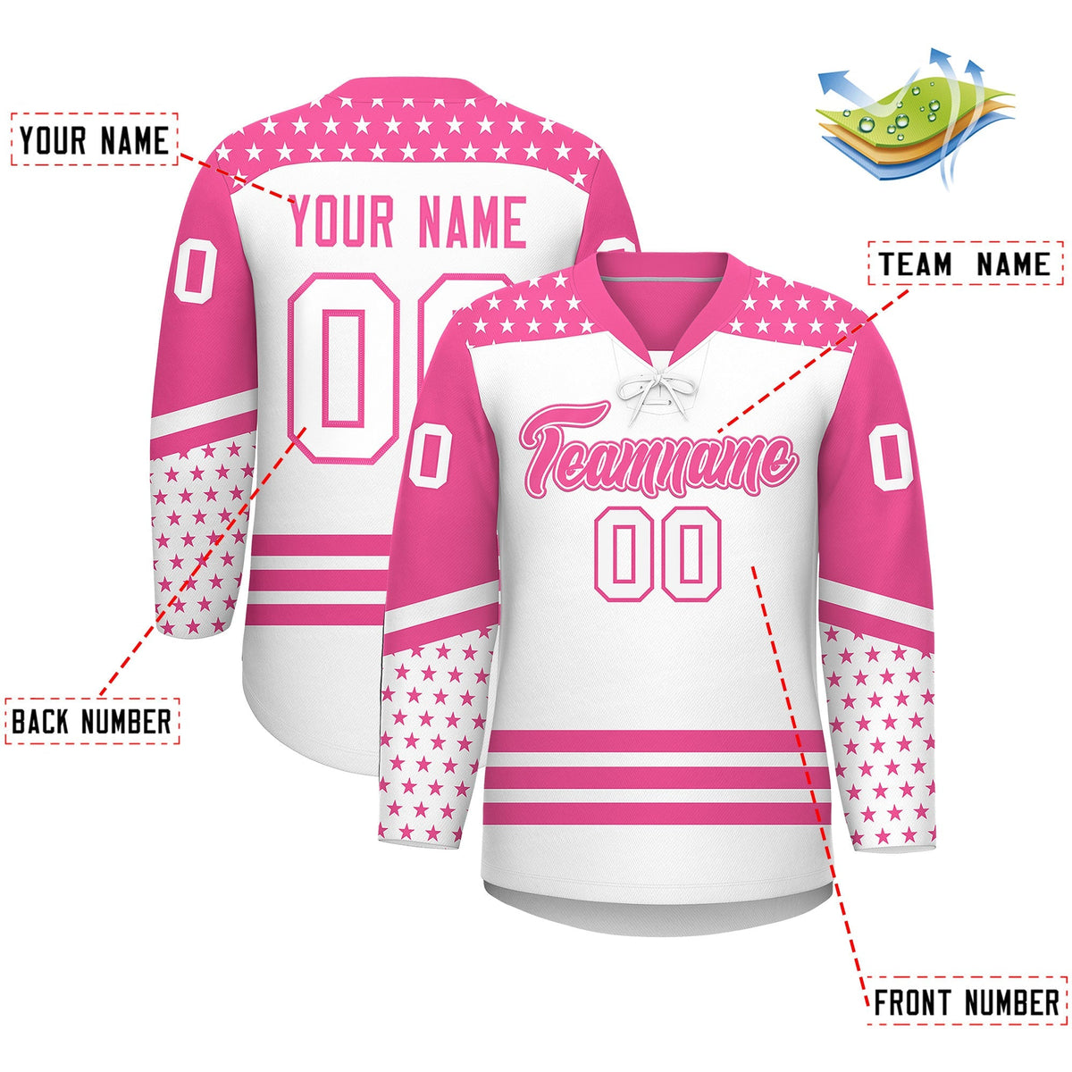 Custom White Pink Star Series Personalization Lace-Up Neck Hockey Jersey| KXKSHOP