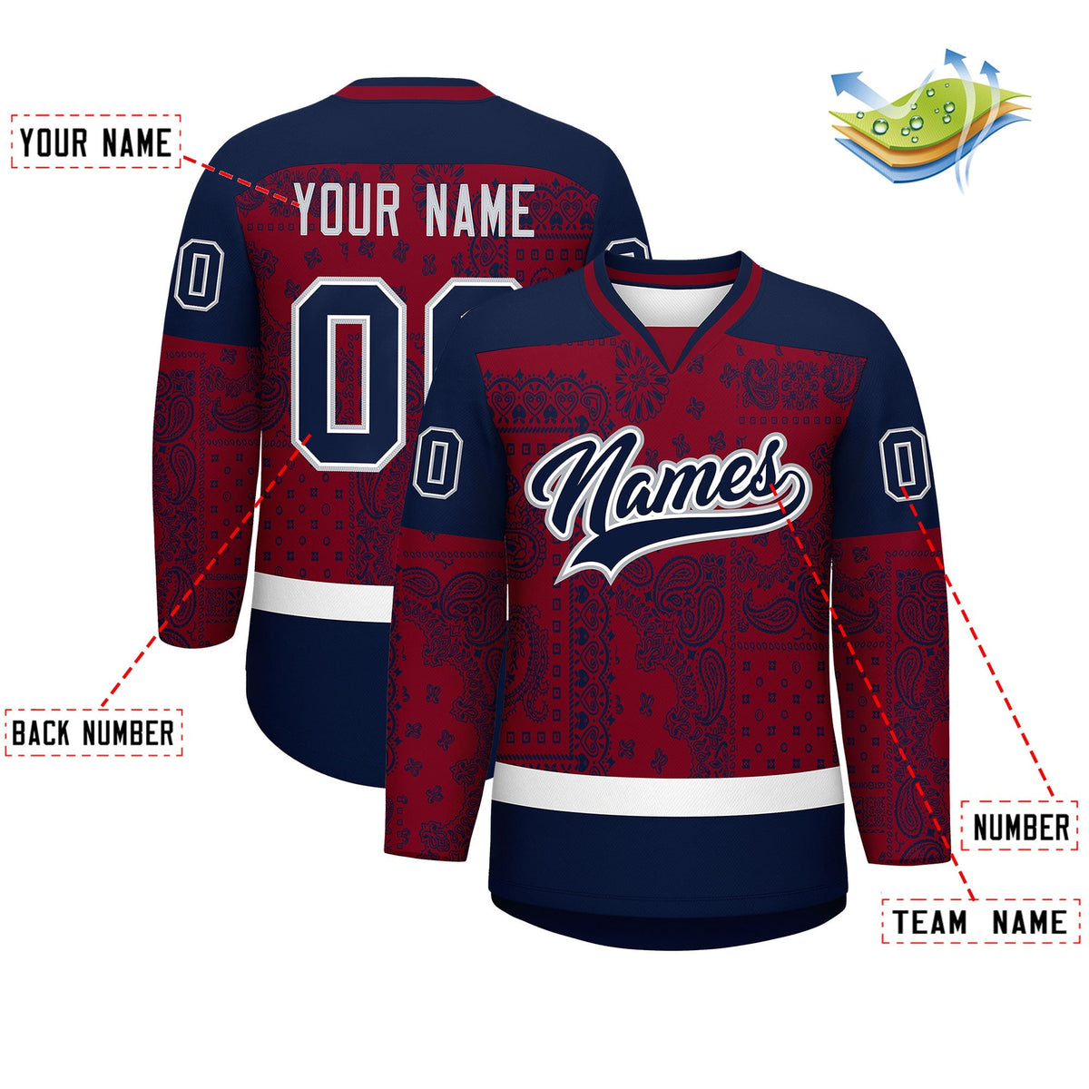 Custom Navy Crimson White Cashew Flower Graffiti Pattern V-Neck Hockey Jersey| KXKSHOP
