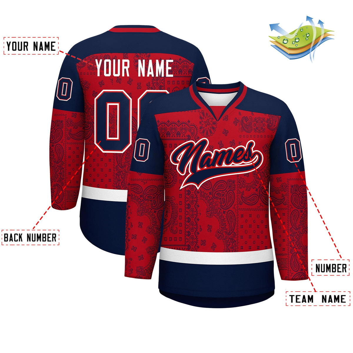 Custom Navy Red White Cashew Flower Graffiti Pattern V-Neck Hockey Jersey| KXKSHOP
