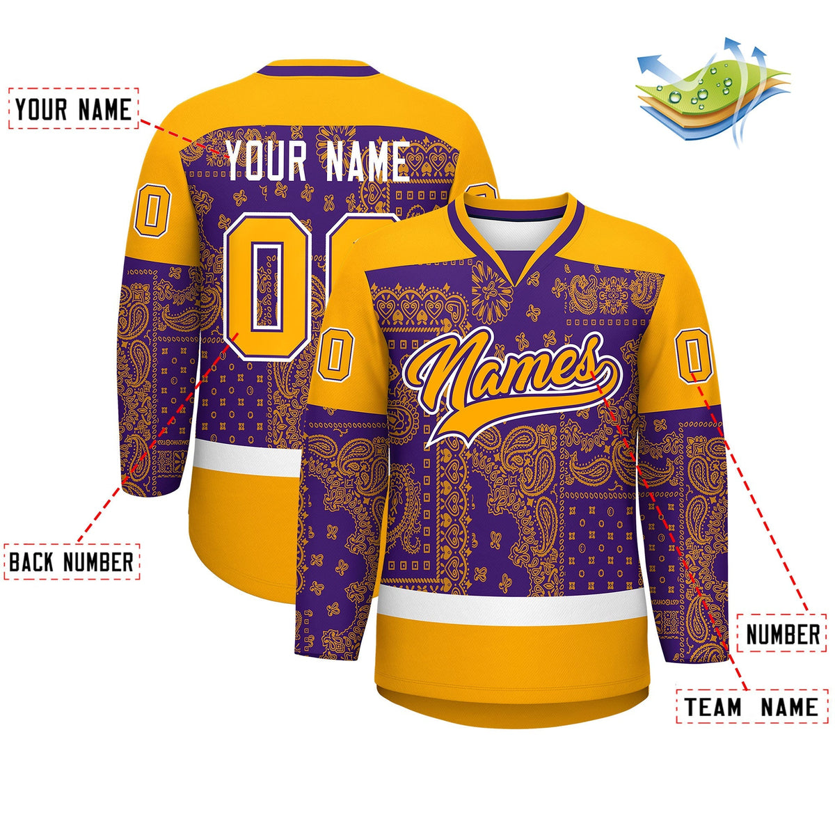 Custom Yellow Purple White Cashew Flower Graffiti Pattern V-Neck Hockey Jersey| KXKSHOP