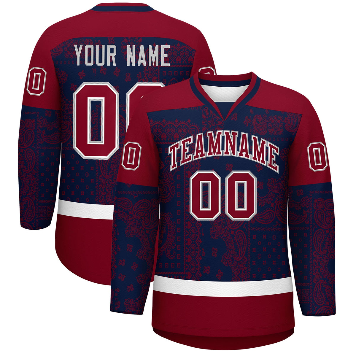Custom Crimson Navy White Cashew Flower Graffiti Pattern V-Neck Hockey Jersey| KXKSHOP