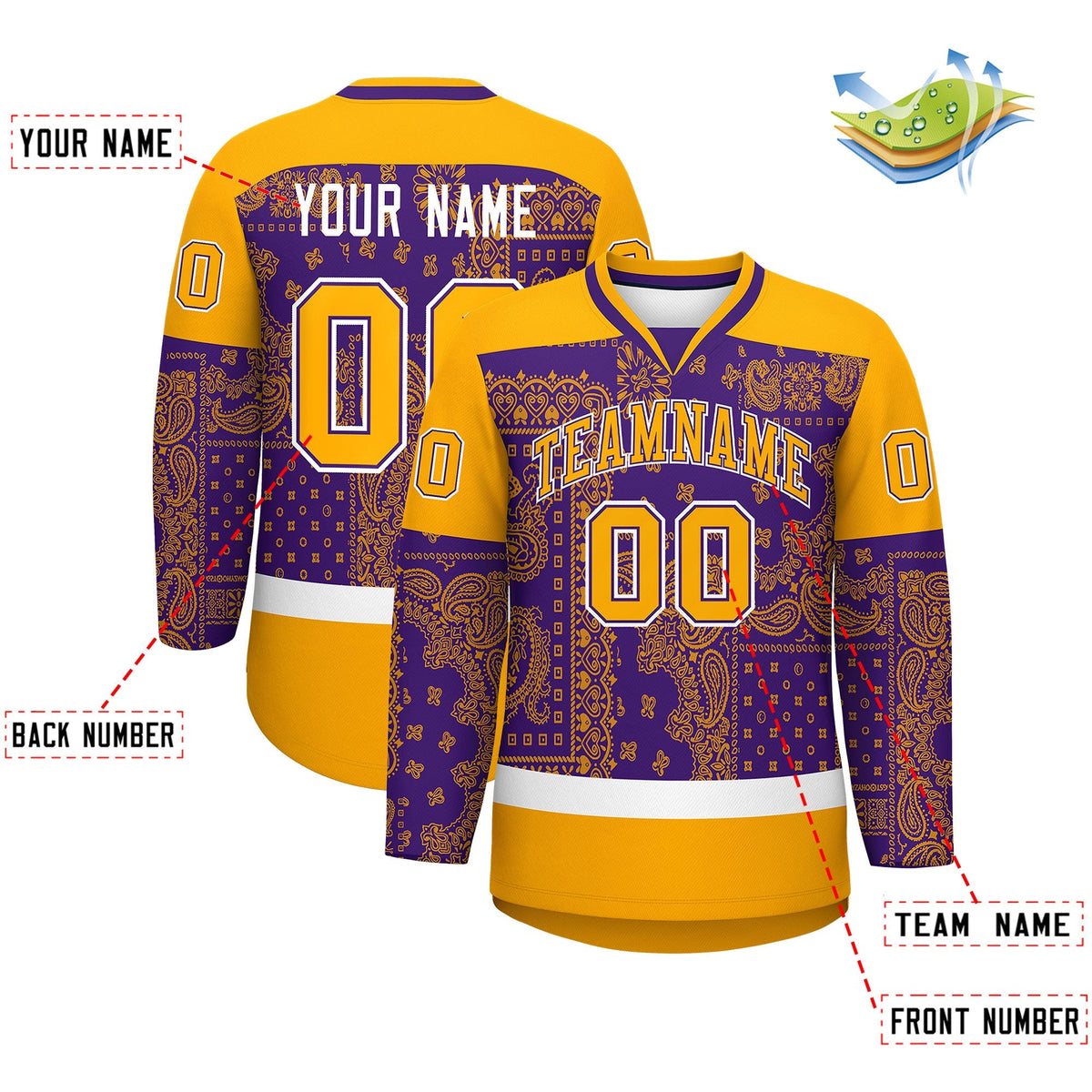 Custom Yellow Purple White Cashew Flower Graffiti Pattern V-Neck Hockey Jersey| KXKSHOP