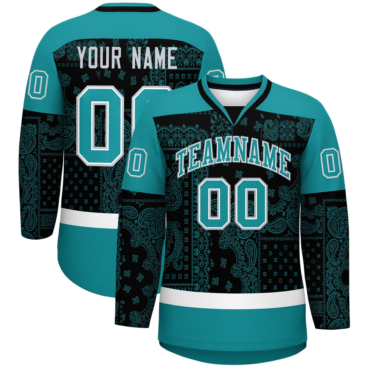 Custom Aqua Black White Cashew Flower Graffiti Pattern V-Neck Hockey Jersey| KXKSHOP