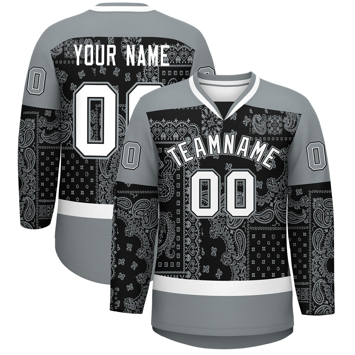 Custom Silver Gray White Black Cashew Flower Graffiti Pattern V-Neck Hockey Jersey| KXKSHOP