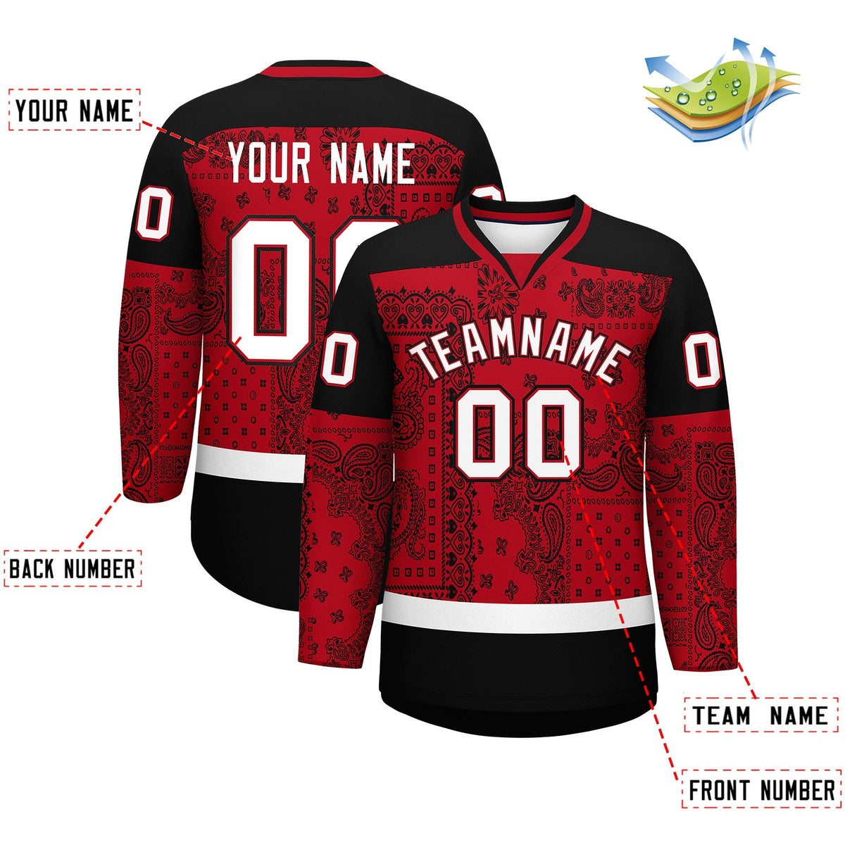 Custom Black Red White Cashew Flower Graffiti Pattern V-Neck Hockey Jersey| KXKSHOP