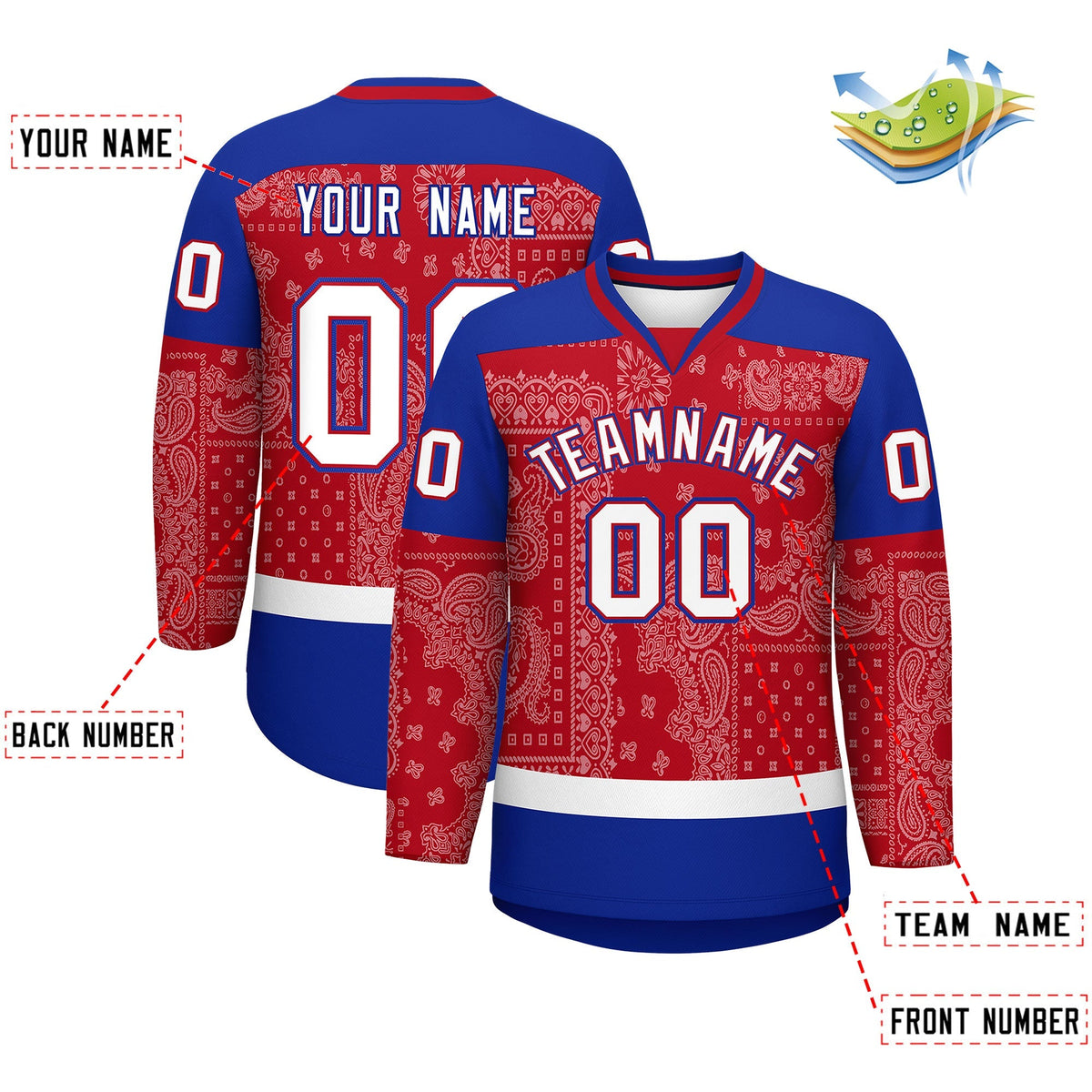 Custom Royal White Red Cashew Flower Graffiti Pattern V-Neck Hockey Jersey| KXKSHOP